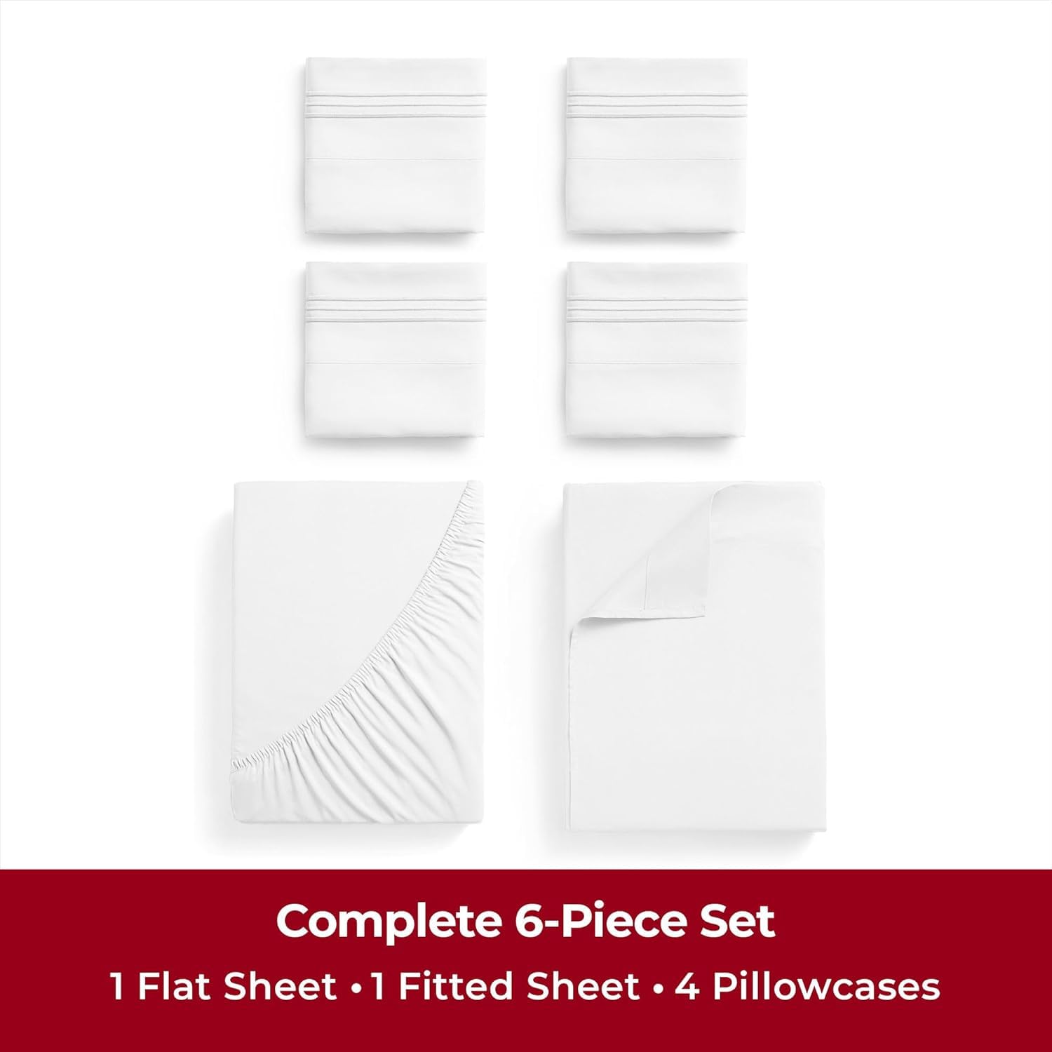Mellanni 4PC Bed Sheet Set + 2 Pillowcases Bundle&Save - Iconic Collection Bedding - Bundle Includes: 1 Flat Sheets, 1 Fitted Sheet and 4 Pillow Cases (King, White)
