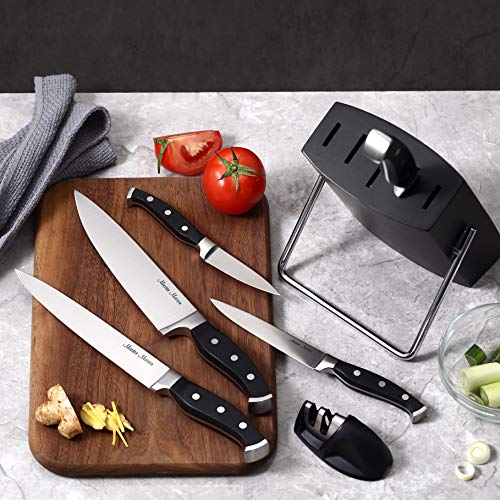 7-Piece Premium Black Kitchen Knife Set with Knife Block & Dual Knife Sharpener | Master Maison German Stainless Steel Knives | Professional Butcher Block Knife Set For Kitchen | Chef Knife Sets