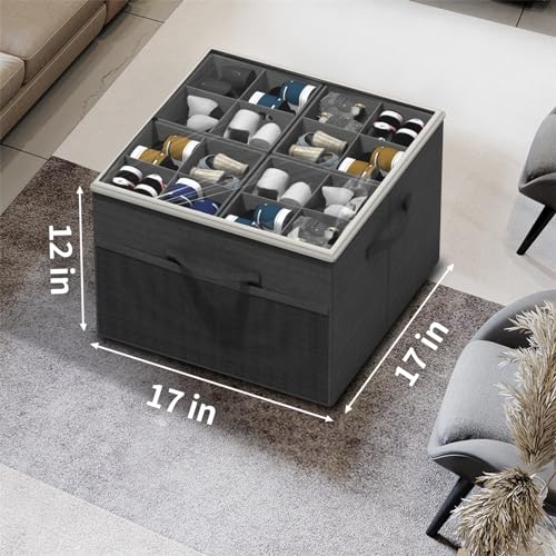 Aokeyee Shoe Organizer for Closet,Foldable Shoe Storage Organizer Box Bin w/Adjustable Dividers and Clear Cover, Fits up to 16 Pairs (Beige)