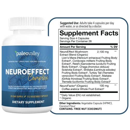 Paleovalley NeuroEffect - Neuro Mushroom Coffee Nutritional Supplement for Focus, Memory, and Energy Support - 28-Day Supply - 8 Full Spectrum Mushroom and Whole Coffee Fruit Extracts