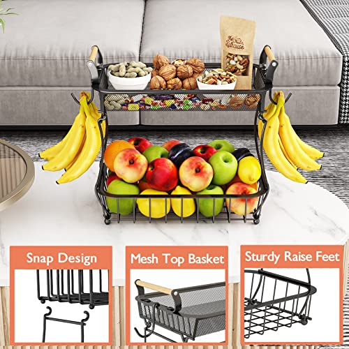 ANTOPY 2 Tier Fruit Basket with 2 Banana Hangers, Countertop Fruit Vegetable Basket Bowl for Kitchen Counter Metal Mesh Basket Fruits Stand Produce Holder Organizer for Onion Potato Bread Snack Veggie