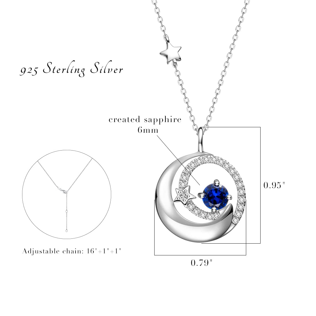 FANCIME Moon Star Necklaces September Birthstone Blue Sapphire Pendant Jewelry 925 Sterling Silver Birthday Anniversary Christmas Gifts for Women Mom Daughter, Adjustable Chain 16"+2"