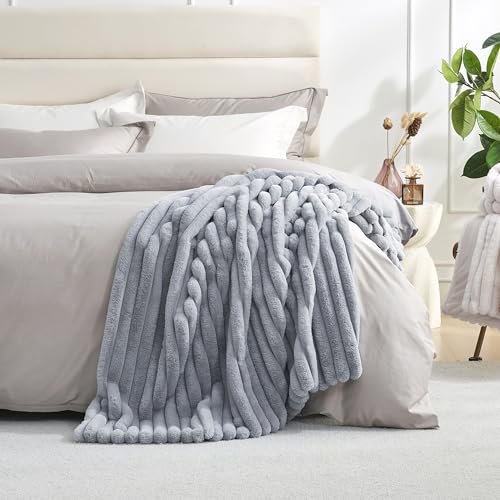 Amélie Home Faux Fur Throw Blanket for Couch, Rabbit Fur Warm Luxurious Soft Striped Cozy Fluffy Plush Gift Blankets for Family Sofa Chair Bed Living Room,Light Grey,60 x 80 inch