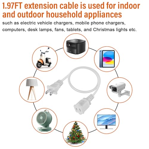 ROÉKO AC Power Cord, (0.6M) 2-Prong Extension Cord Adapter 125V 10A USA Outlet, 2 Prong Male Plug to Female Socket High - Power Extension Cable - White