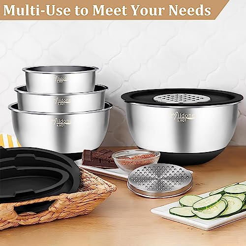 Wildone Mixing Bowls with Airtight Lids, 27 PCS Stainless Steel Nesting Bowls, with 3 Grater Attachments, Scale Mark & Non-Slip Bottom, Size 5, 4, 3, 2, 1.5, 1, 0.63QT, Ideal for Mixing & Prepping