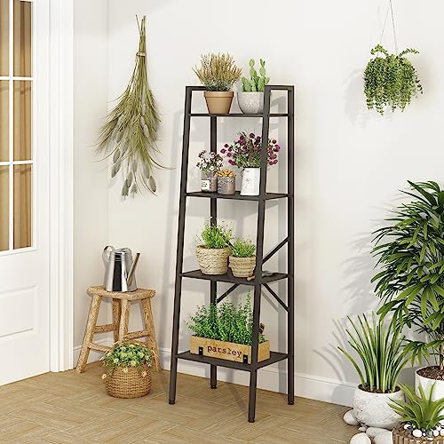 Hoctieon 4-Tier Industrial Ladder Bookshelf, Narrow Ladder Shelf, Tall Standing Bookshelf, Skinny Open Ladder Shelf, for Living Room, Home Office, Kitchen, Bedroom, Metal Frame, Black