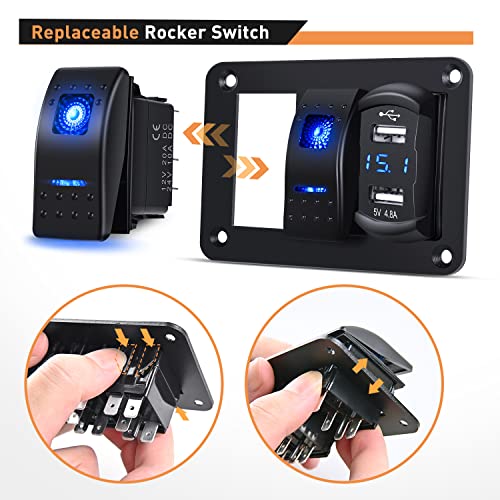 GOOACC 2 Gang Rocker Switch Panel Blue Backlit with 4.8 Amp Dual USB Charger Voltmeter Waterproof 12V 24V DC Rocker Switch with Night Glow Stickers for Car Trucks Boats RVs,2 Years Warranty