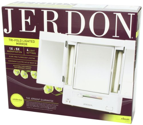 JERDON Tri-Fold Two-Sided Makeup Mirror with Lights - Vanity Mirror with 5X-1X Magnification & Multiple Light Settings - White - Model JGL9W