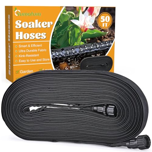 Soaker Hose 50 FT - Yumatum Flat Garden Soaker Hose Irrigation Sprinkler, Save 80% Water, Heavy Duty Leakproof, 3/4" Linkable, Drip Watering Hose for Garden Beds, Lawns, Vegetable Field