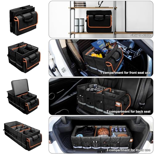 Car Trunk Organizer and Storage with Lid & Removable Leakproof Cooler Bag, 6 Removable Dividers for Custom Space, Collapsible Large Trunk Organizers for SUV Sendan with Non Slip Bottom&Foldable Cover