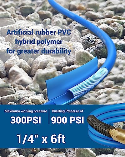 DEWENWILS Hybrid Air Hose 1/4 Inch by 6FT 300 PSI, Heavy Duty Air Compressor Hose with 1/4" Industrial Quick Coupler Fittings, Flexible and Kink Resistant Air Hose (Blue)