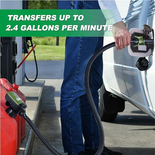 AETLEEMO Automatic Fuel Transfer Pump with Auto-Stop Sensor(2.4 GPM), Flexible Intake Hose Fits Most Irregular Gas Cans for Gasoline Diesel Kerosene & More-Green