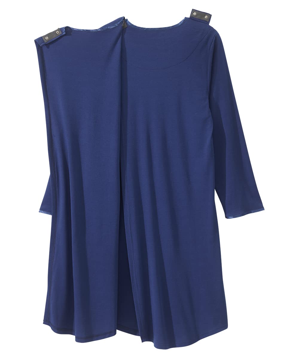 Women’s Open Back Adaptive Henley Nightgown - Long Sleeve Hospital Gown for Seniors with Satin Trim - Navy 3XL