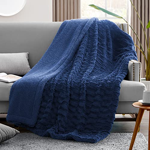 HOMEIDEAS Faux Fur Bed Blanket(Throw, Navy Blue), Decorative Sofa Couch Fur Blanket 50x60 inches, Holiday Lush Home Decoration Gifts