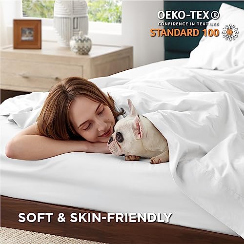 Bedsure Brushed Sheets Queen Size, 100% Cotton Sheets for Queen Size Bed, Extra Soft Pure White Sheets, Warm Bed Sheets with Deep Pocket up to 16", 4 Pieces Bedding Sheets & Pillowcases