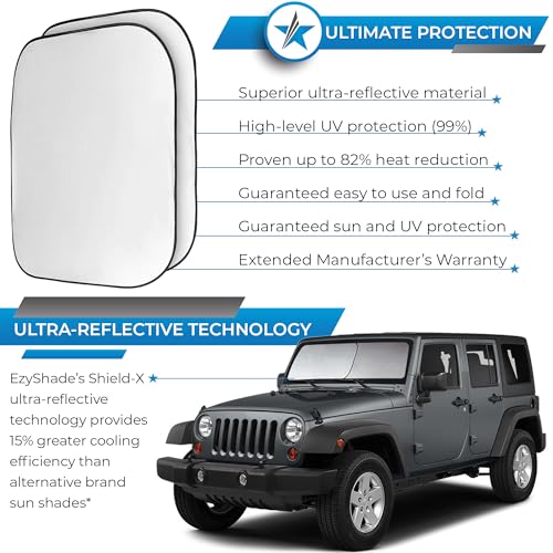 EzyShade Windshield Sun Shade for Jeep with Shield-X Reflective Technology. See Vehicle Size-Chart. Foldable 2-Piece Car Sunshade for Jeep Wrangler, Gladiator, Renegade, FJ Cruiser. X-Small Size