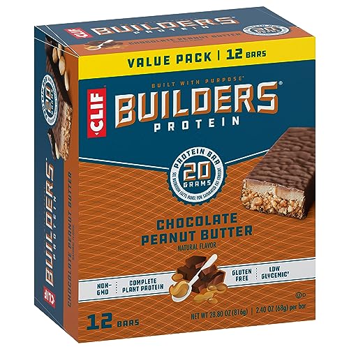 CLIF Builders - Chocolate Peanut Butter Flavor - Plant Based Protein Bars - Gluten Free - Non-GMO - Low Glycemic - 20g Protein - 2.4 oz. (12 Pack)