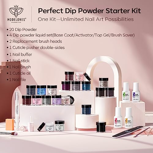 Modelones 32 Pcs Dip Powder Nail Kit Starter, 20 Colors Nude Pink Skin Tone Neutral Acrylic Dipping Powder System Essential Liquid Set with Top/Base Coat Activator Brush Saver for French Nail Art Gift