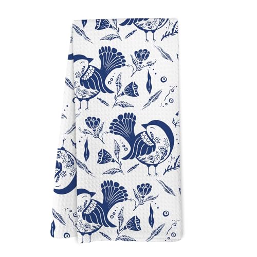 Yorhifa Chinoiserie Blue and White Bird Kitchen Towels, Blue White Floral Birds Decorative Dish Hand Tea Towels for Kitchen Decor, Blue and White Chinoiserie Bird Decor for Bathroom Kitchen,16x24inch