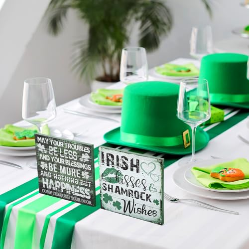 2 Pieces St Patrick's Day Decorations Shamrock Wood Blessing Box Signs Irish Table Decor Wood Block Plaque (7×7 inch, Green 2PCS)