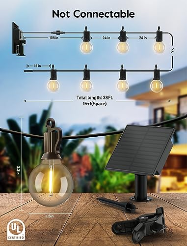 Minetom Solar Outdoor Lights - 38 Ft Solar String Lights with 15 G40 Shatterproof LED Bulbs, Commercial Waterproof Solar Powered Patio Hanging Lights for Outside Backyard Garden Decor