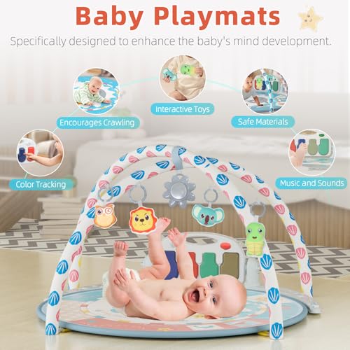 Baby Tummy Time Mat, Baby Gyms Playmats Activity Mat with 4 Toys and Mirror, Piano Keys with 40 Music, Multi-Functional Sensory Development Activity Gym for Infants and Toddlers 3 to 18 Month(Blue)