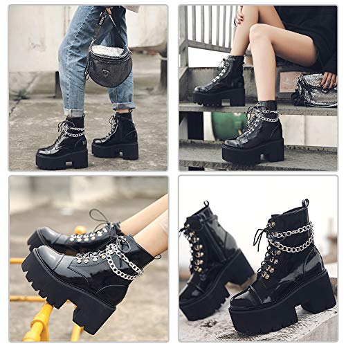 CYNLLIO Fashion Block Heel Platform Chain Combat Ankle Booties Women's Lace up Studded Motorcycle Boots Mid Calf Goth Boots