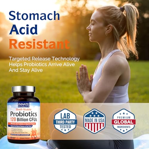 Innate Vitality Probiotics 120 Billion CFUs 34 Strains with Prebiotics & Digestive Enzymes, Digestion & Immunity Health for Women & Men, Shelf Stable, 30 Vegan Capsules