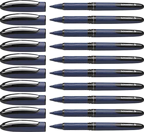 Schneider One Business Rollerball Pen, 0.6 mm Ultra-Smooth Tip, Blue Barrel, Black Ink, Box of 10 Pens (183001)