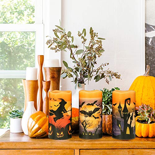 Eldnacele Halloween Flameless Candles, LED Flickering Battery Pillar Candles with 6H Timer and Pumpkin Decals, Spooky Fall Halloween Festival Party Decoration Set of 3 (D 3” x H 4” 5” 6”)