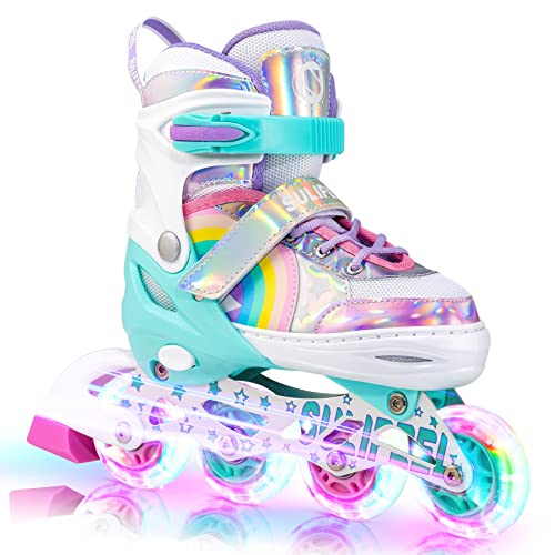 SULIFEEL Rainbow Unicorn Inline Skates for Girls Boys 4 Size Adjustable Light up Wheels Skates for Kids Beginner