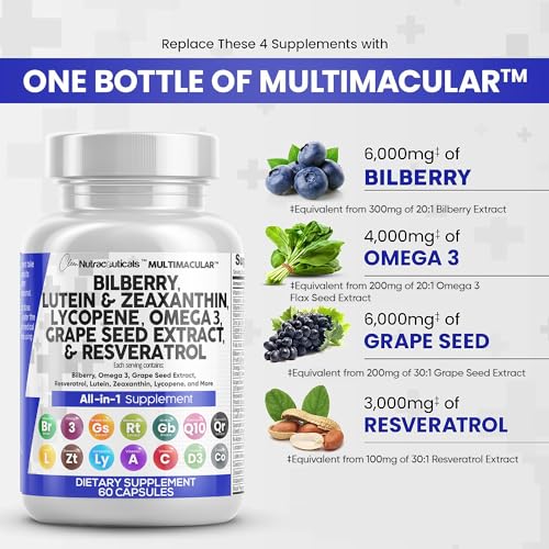 Eye Health Vitamins with Bilberry 6000mg Lutein & Zeaxanthin 40mg Lycopene 40mg Resveratrol 3000mg Grape Seed Extract 6000mg Omega 3 4000mg Astaxanthin - Eye Vitamin - 60 Capsules