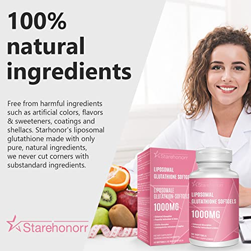 Starehonorr Liposomal Glutathione Softgels 1500MG, Reduced Glutathione Supplement with Vitamin C, Better Absorption, Non-GMO Powerful Antioxidant for Healthy Aging, Detox, Immune Health, 60 Softgels