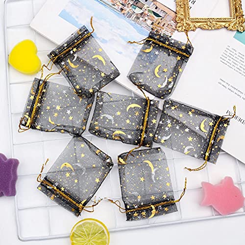 SUMAJU 100 Pieces Moon Star Organza Jewelry Candy Bags, 2.7x3.5 Inch Sheer Black Organza Pouch Small Gift Bags with Drawstring for Wedding Party Favors