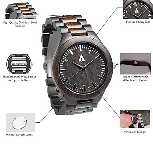 Treehut Wooden Watches for Men, Great Japanese Quartz Analog, Stylish Exotic Watch with Adjustable Stainless Steel Clasp, Buckle, Made from Ebon Wood, Relojes Hombre Mujeres