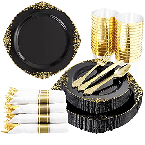 Hioasis 175pcs Black and Gold Plastic Plates - Black Gold Disposable Plates Include 25 10.25” Dinner Plates,25 7.5” Dessert Plates,25 Knives,25 Forks,25 Spoons,25 Napkins for Wedding & Party Halloween