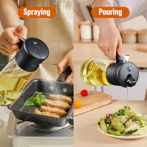 hoforife Glass Olive Oil Dispenser Bottle & Oil Sprayer Bottle 2 In 1 for Kitchen Cooking, Auto Flip Cap, 18oz White