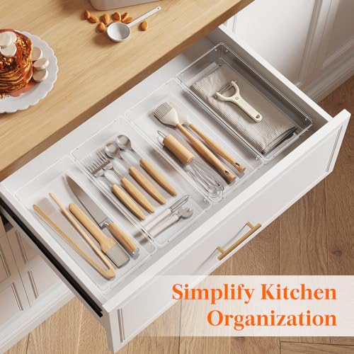 Lifewit Silverware Drawer Organizer, 5.75" x 11.65" Clear Utensil Tray for Kitchen Drawer, Stackable Plastic Flatware and Cutlery Storage Box Divider for Spoons Forks Knives Tools, 2 Pack