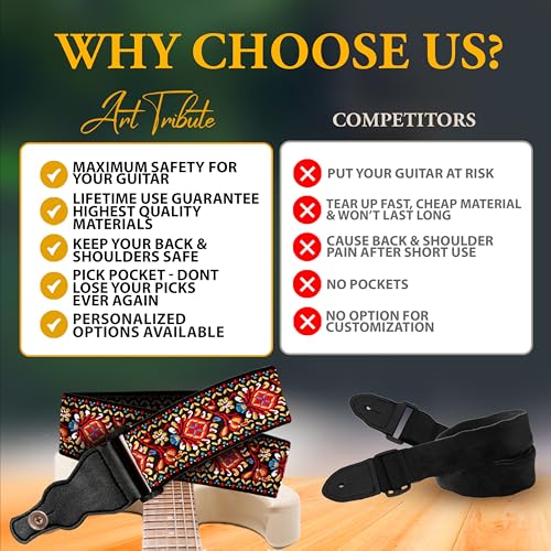 Guitar Strap Premium Padded For Electric, Acoustic, and Bass. Adjustable Unique Design Guitar Straps Includes 2 Strap Locks To Keep Your Guitar Safe - Discover Durability Comfort and Style
