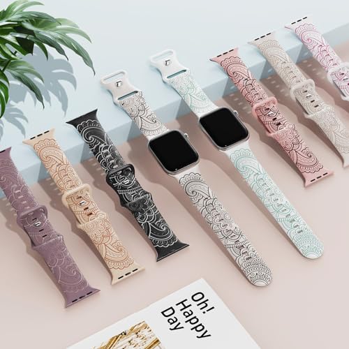 Floral Engraved Band Compatible with Apple Watch Band for Women 40mm 38mm 41mm 44mm 45mm 49mm, Boho Strap for iWatch Series 9 Ultra SE 8 7 6 5 4 3 PP42