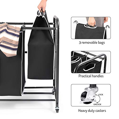 ROMOON Laundry Sorter, 3 Compartment Laundry Hamper with Heavy Duty Rolling Lockable Wheels, Laundry Basket Organizer with Removable Bags for Dirty Clothes Storage, Black
