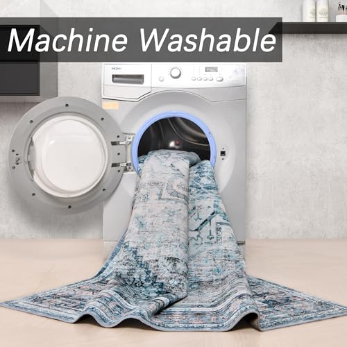 BRICHOEE Vintage Area Rug 2x3 Feet Blue/Multi Thin Entryway Mat for Kitchen Indoor Machine Washable Foldable Doormat Distressed Vintage Boho Rug