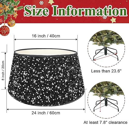 MODFUNS Sequin Christmas Tree Collar Black Glitter Christmas Tree Stand Base 24 Inch Velvet Tree Collar Skirt Sequins Xmas Tree Ring Shimmer Sequin Tree Skirt for Winter Holiday Christmas Tree Basket
