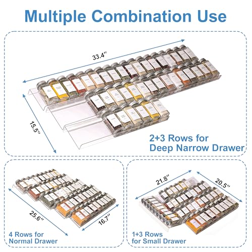 Brippo Spice Drawer Organizer, Includes 24 Spice Jars and 378 Labels with 5-Tier Clear Acrylic Riser Display Stand, Adjustable From 9-to-18 inch Spice Tray for Drawer, Kitchen Drawer Spice Rack Tray