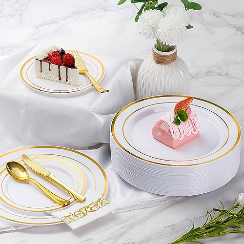 Goodluck 700 Piece Gold Dinnerware Set for 100 Guests, Disposable for Party, Include: 100 Gold Rim Dinner Plates, 100 Dessert Plates, 100 Paper Napkins, 100 Cups, 100 Gold Plastic Silverware Set