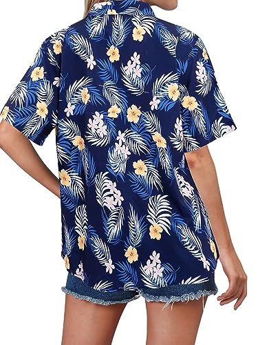 NANYUAYA Womens Hawaiian Shirts Boho Open Front Soft Cool V Neck Short Sleeve Tropical Button Up Blouses Tops Blue