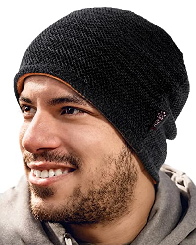 Lvaiz Mens Winter Beanie Hat Warm Fleece Lined Skull Cap for Men Reversible Women Windproof Watch Hat Knit Warm Unisex Beanie Black