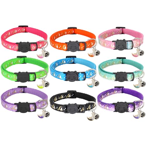 Giecooh 2 Pack Breakaway Cat Collar with Bells, Adjustable Moon and Star Kitten Safety Collars for Boys & Girls, Black+Blue