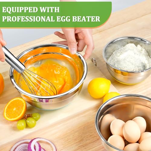 Eallpha Mixing Bowls with Lids Set Airtight, 6 Piece Stainless Steel Nesting Bowls with 4 Grater Attachments, Non Slip Bottoms Kitchen Cooking and Serving Food, Size 5.5, 4, 2.5, 2.1, 1.5, 1.2 QT