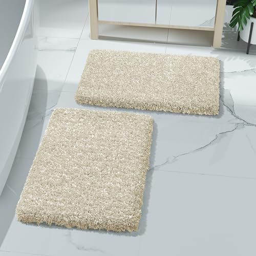 Yimobra Fluffy Bathroom Rugs Sets 2 Piece, Shaggy Toilet Rug U Shaped, Soft Non Slip Bath Mat,Plush Shower Rug,Water Absorbent,Machine Washable,32x20+24x20 Inches, Purple and White